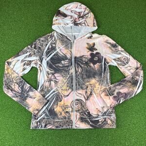 DNLA Sport Y2K Fuzzy Mesh Zip Up Hoodie Floral Leopard Burnout Top Size L